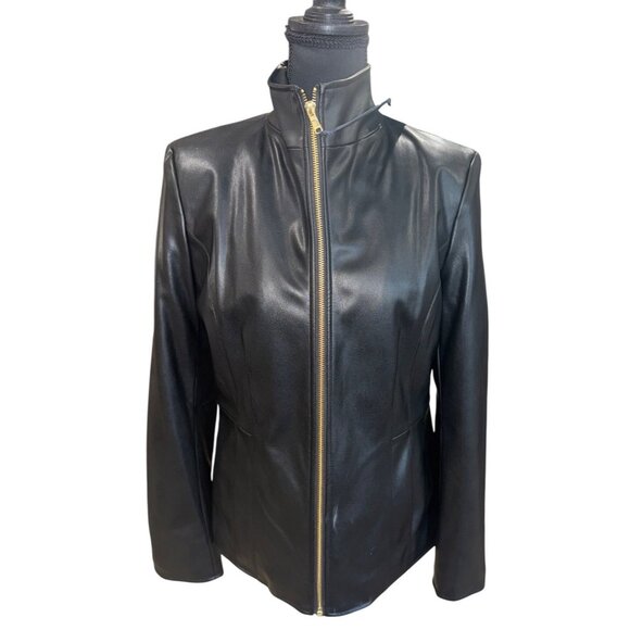 NEW Cole Haan Signature Wing Neck Faux Leather Moto Jacket Black City Minimalist - Picture 1 of 16